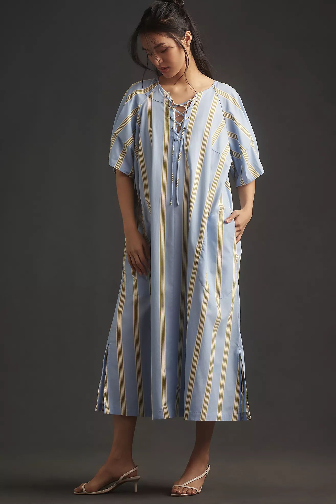 Maeve Short-Sleeve Crossover V-Neck Midi Dress | Anthropologie (US)