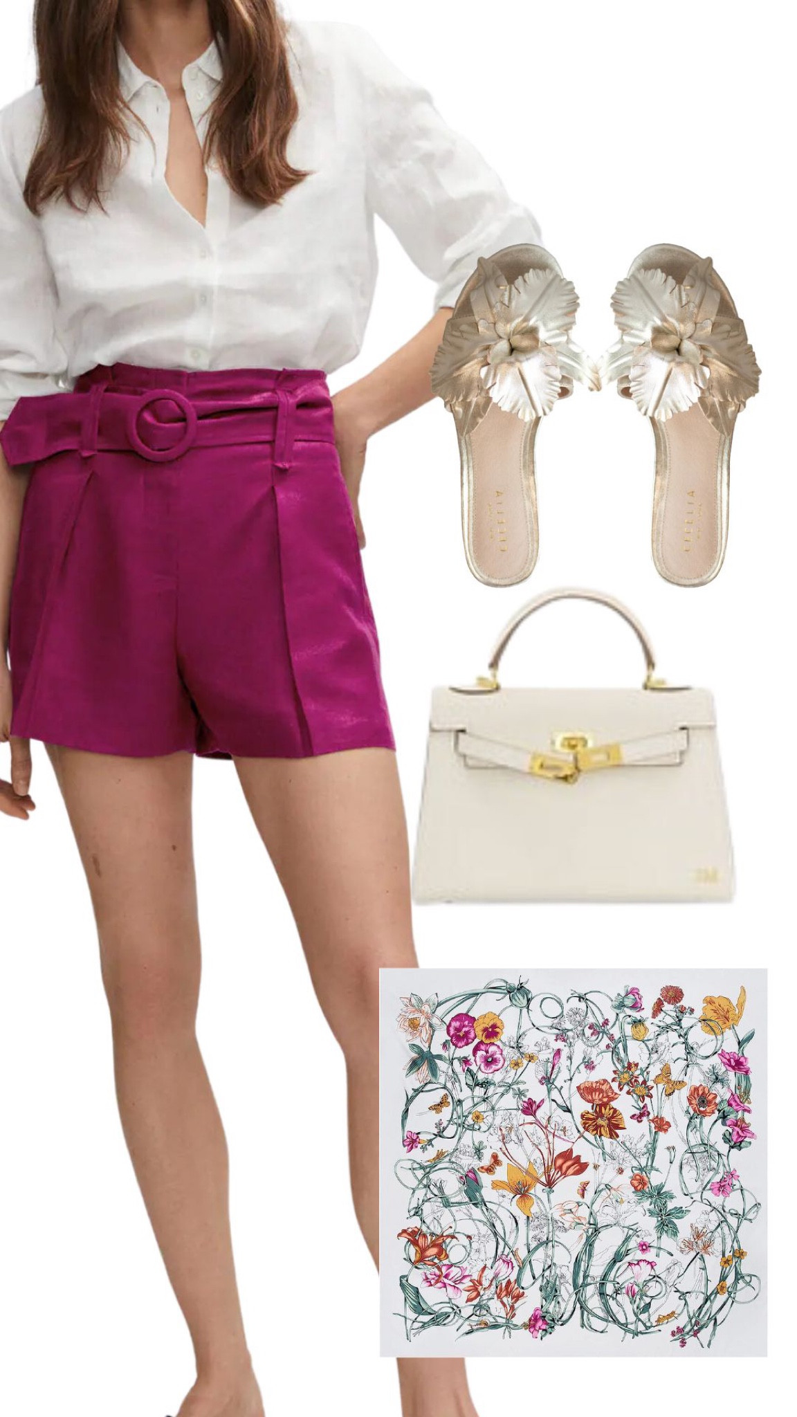 Mango // Ruby shorts // linen shorts // scarf // gold sandals // white Kelly handbag // 3D flower sandals // rosettes // floral scarf // hot pink // magenta // mango

#LTKstyletip #LTKunder100