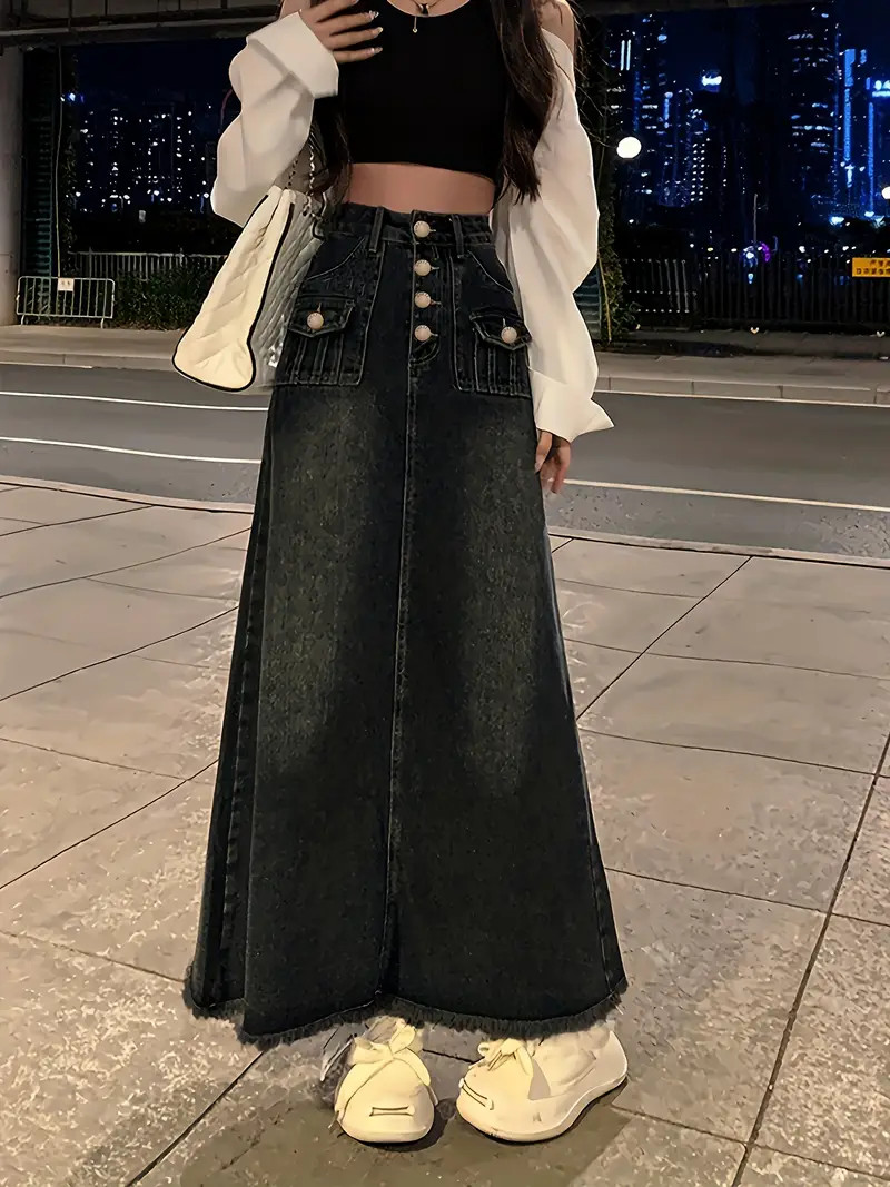 Stylish Single-Breasted High-Rise Maxi Denim Skirt - Loose Fit, Raw Hem, Comfortable, Flattering,... | Temu Affiliate Program