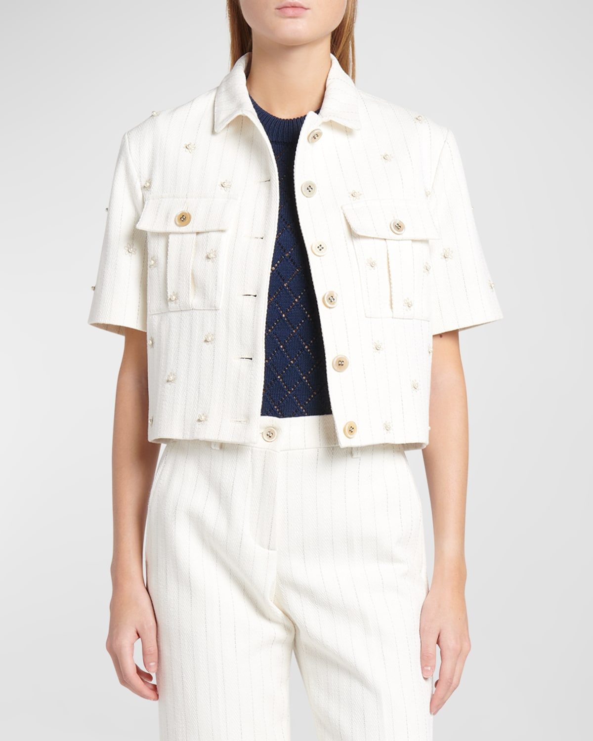 Journey Leandra Embellished Short-Sleeve Safari Jacket | Neiman Marcus