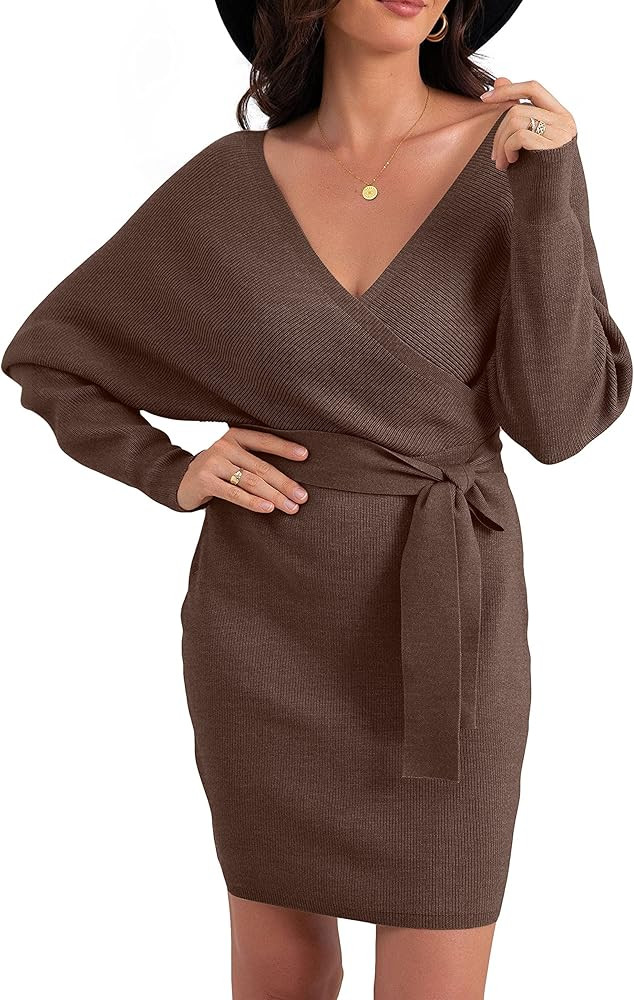 GRECERELLE Women's V Neck Batwing Long Sleeve Sexy Backless Wrap Bodycon Cocktail Pullover Sweater M | Amazon (US)