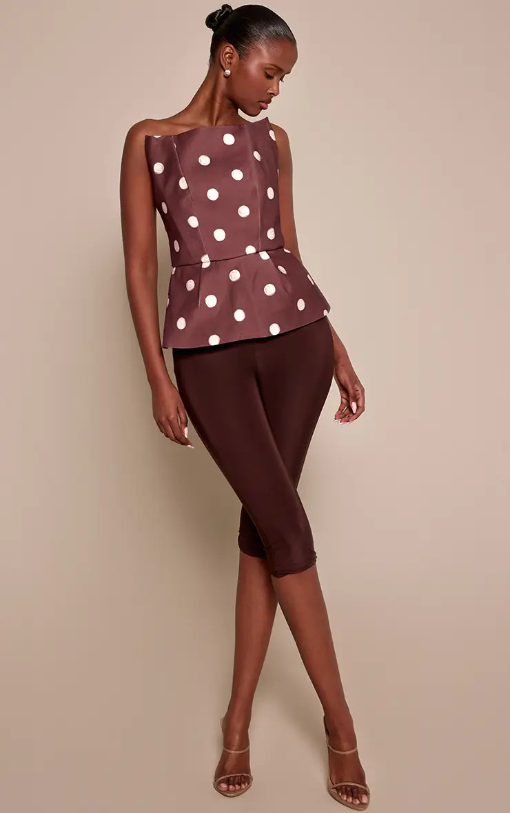 Chocolate Polka Dot Premium Woven Peplum Bandeau Top | PrettyLittleThing USA | PrettyLittleThing US