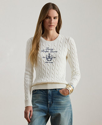 Women's Embroidered-Crest Cable-Knit Sweater | Macy's