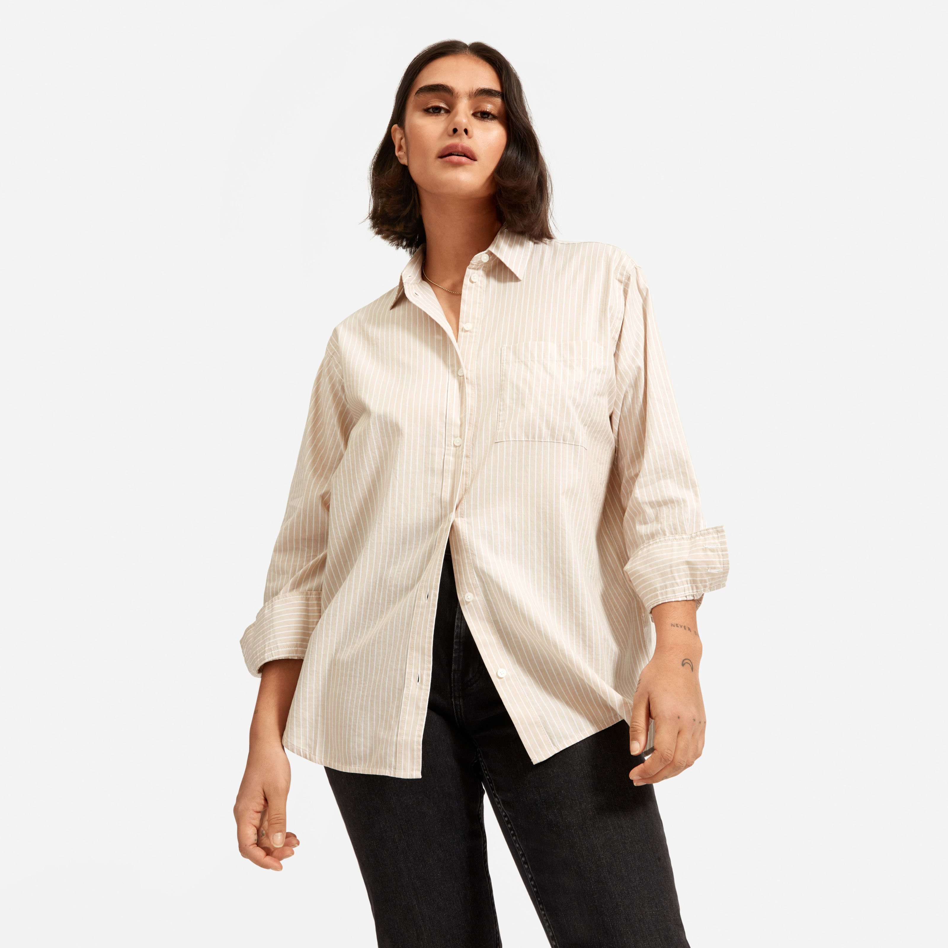 Women's Silky Cotton Oversized Shirt by Everlane in Khaki Stripe, Size 4 | Everlane