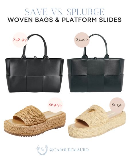 Here are affordable alternatives to these black woven bags and platform slides!
#springfashion #lookforless #savevssplurge #resortwear

#LTKitbag #LTKshoecrush #LTKstyletip