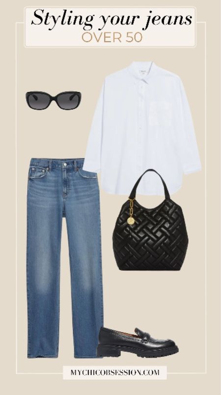 Begin with these high-rise 90s jeans, featuring a straight fit and a gorgeous blue wash. On top, this oversized button-up shirt balances out the casual feel of the jeans. Chic sunglasses, a leather shoulder bag, and lug sole mules complete the look. 

#LTKover40 #LTKSeasonal #LTKstyletip