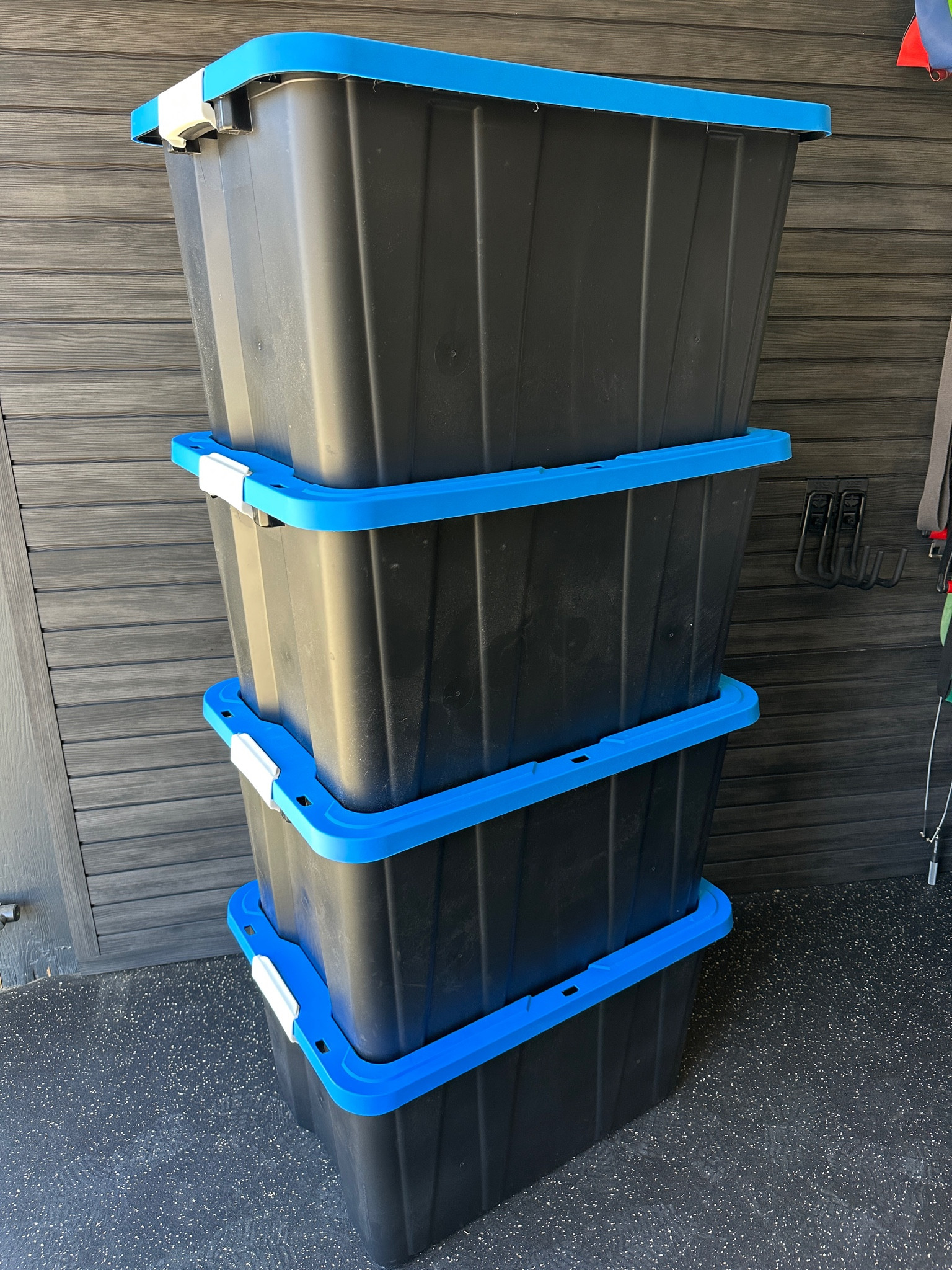 Durable, latching, heavy-duty 27 gallon storage bins.