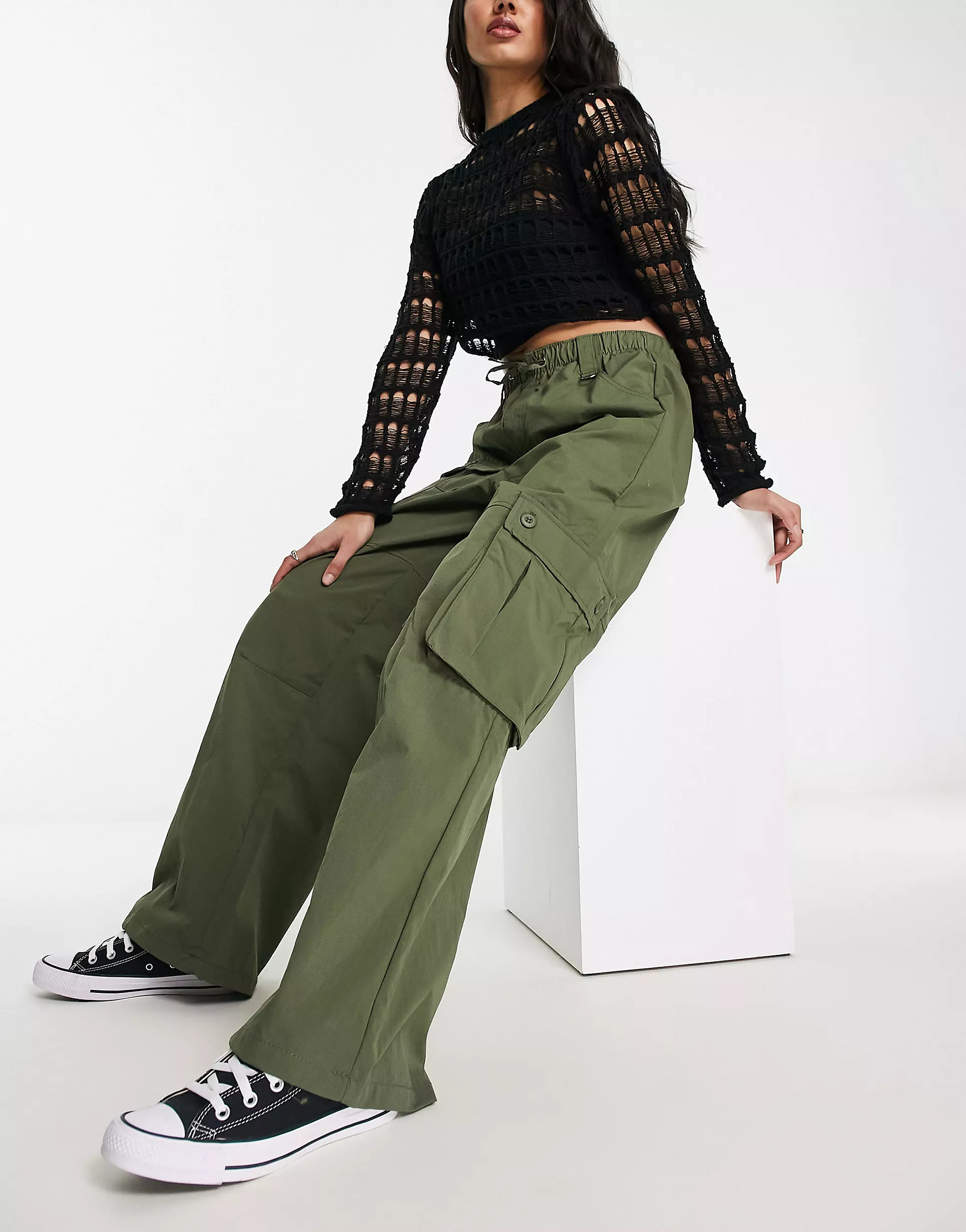 Bershka drawstring waist nylon wide leg cargo pants in khaki | ASOS (Global)