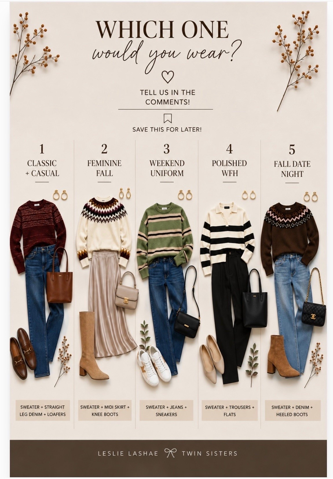 5 Fall sweater outfits for everyday! 

1. Classic + Casual— sweater + straight-leg denim + loafers
2. Feminine Fall— sweater + midi skirt + knee-high boots
3. Weekend Uniform— sweater + jeans + sneakers
4. Polished WFH— sweater + trousers + flats
5. Fall Date Night — sweater + denim + heeled boots

Which one would you wear? 🤎 Save this for your fall outfit inspo!

#LTKgrwm #LTKootd #LTKSeasonal