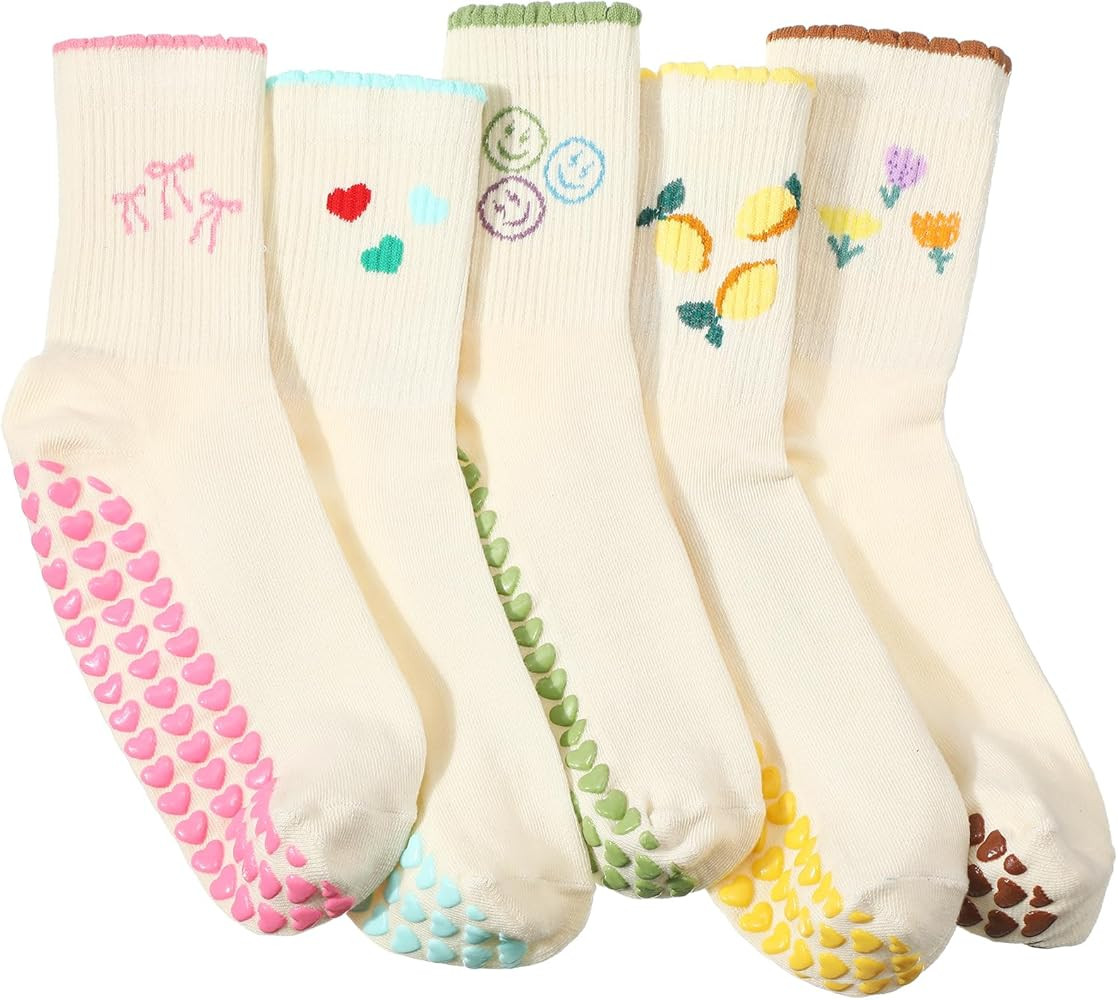 Halfchet 5 Pairs Women Pilates Grippy Socks Cute Non-slip Yoga Crew Socks Ruffle Grip Sock for Barre Fitness Hospital Workout | Amazon (US)