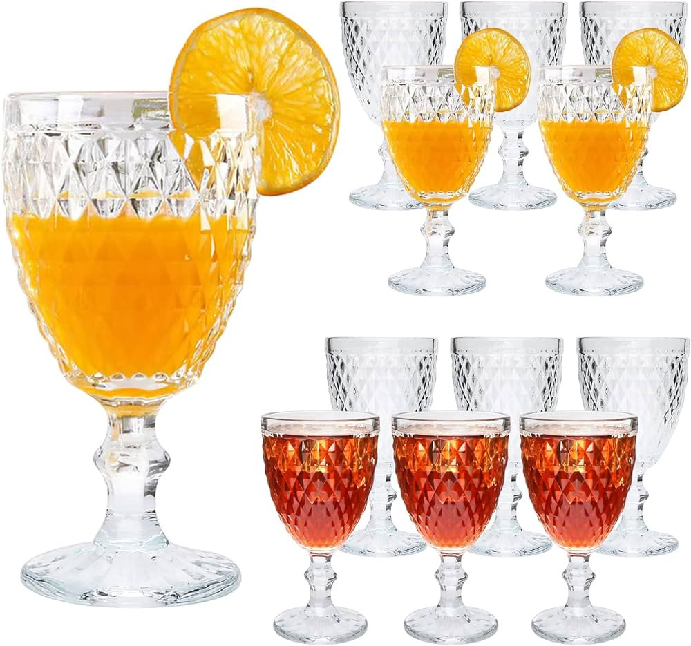 Ufrount Vintage Wine Glasses,10 Ounce Red Wine Glasses Set of 12,Clear Stemmed Glassware Embossed... | Amazon (US)