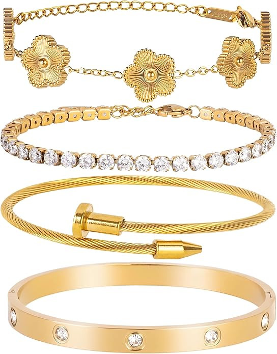 18K Gold Plated Nail Love Bangle Bracelet Set for Women Stackable Floral Clover Adjustable Tennis... | Amazon (US)