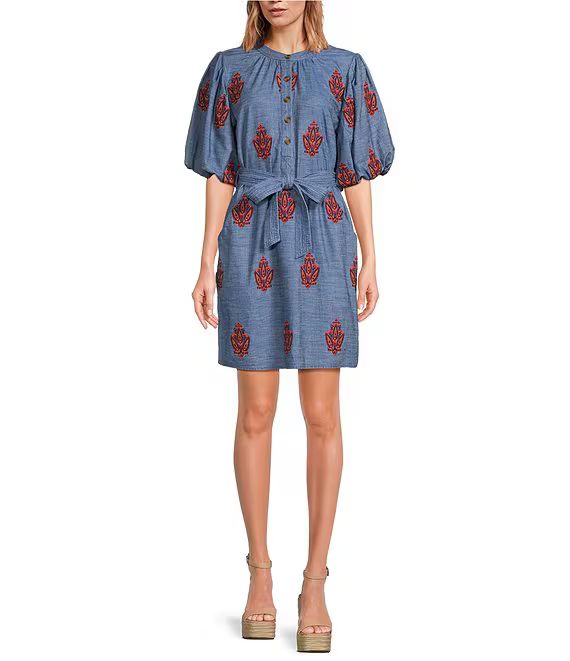 Embroidered Chambray 3/4 Balloon Sleeve Banded Collar Button Front Belted Dress | Dillard's