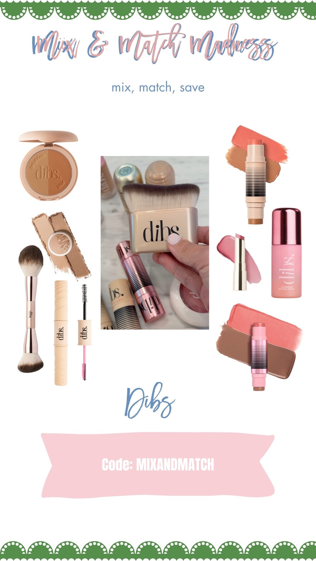 Y’all know I’m obsessed…the best & easy application! 
Use code MIXANDMATCH for 10%off
Here are the shades I wear in my fave DIBS products:

Eye Shadow - Coffee in Hand
Desert Island Duo - Spill the tea/full deets and Vacay vibes/out of office 
Glowtour Duo - Starlit
Duet Baked Bronzer - Caramel cappuccino or Vanilla latte 
Status Stick - high road highlight
Duet Baked Blush - spice gal
Love beam Perfector  - love triangle and the one 
Love beam setting spray 

#LTKBeauty #LTKdayinmylife #LTKOver40 #LTKBeauty #LTKdayinmylife #LTKmomlife