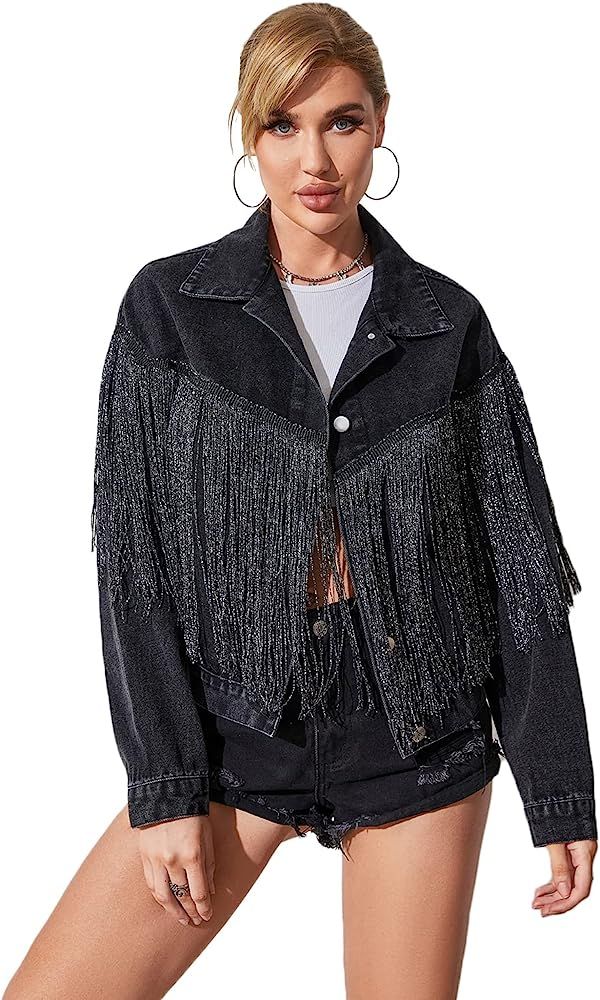 YILANUOYI Women’s Crop Denim Jacket Tassel Casual Jean Coat With Fringe | Amazon (US)