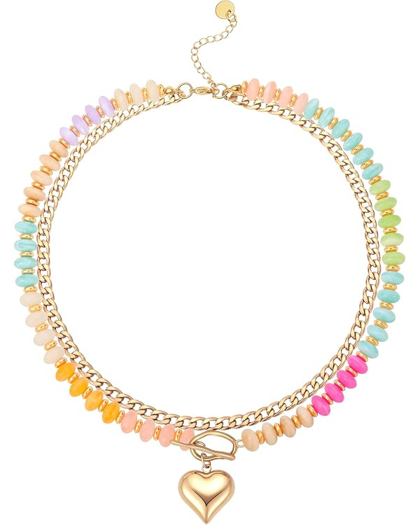 Colorful Beaded Layered Necklaces for Women Multicolor Acrylic Beaded Choker With Guba Chian Stac... | Amazon (US)