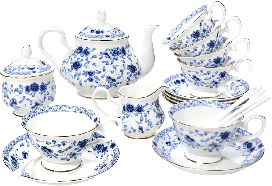 Bone China Tea Set, 21-Pieces Porcelain Tea Set for Adults, Tea Cups And Saucers for 6, with Teap... | Amazon (US)