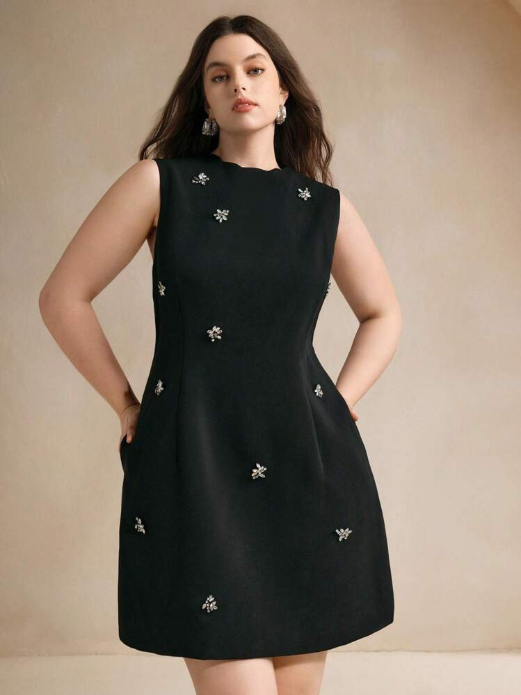 Anewsta Crew Neck Sleeveless Rhinestone Decoration Waist Elegant Plus Size Dress | SHEIN