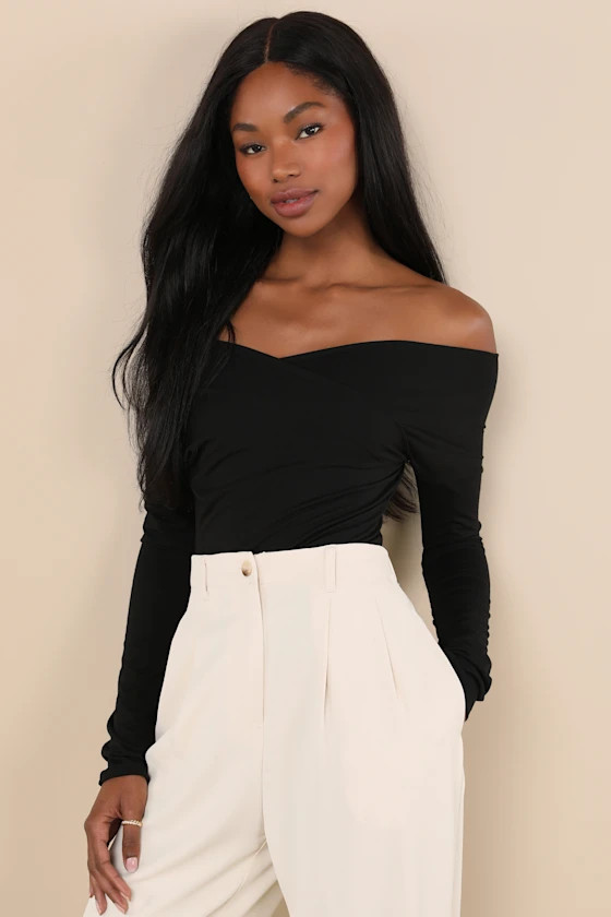 Designated Cutie Black Long Sleeve Surplice Top | Lulus