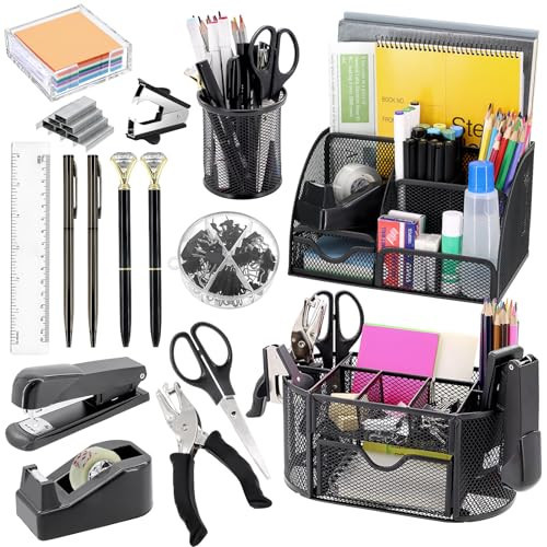17 in 1 Black Desk Organizers and Accessories Set, 3 Office Desk Supplies Storage Organization, 4 Pens, Stapler, Staples & Remover, Tape & Dispenser, Scissors, Ruler, Clips, Hole Punch, Sticky Holder | Amazon (US)