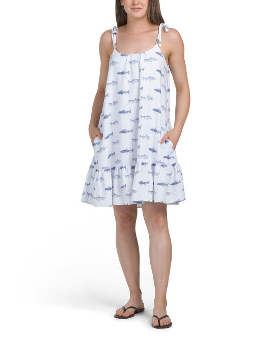 Linen Blend Tie Strap Fish Flounce Hem Mini Dress | TJ Maxx