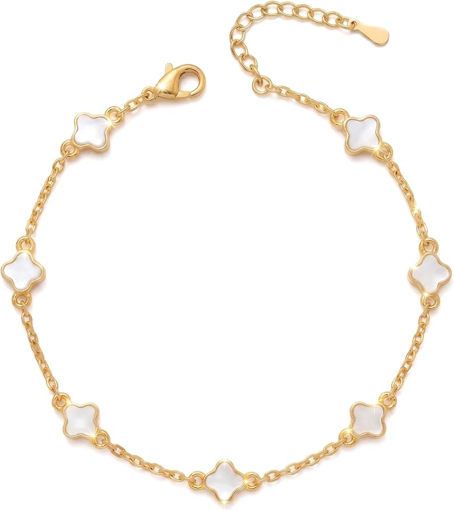 Billet-doux 14K Gold Plated Tiny Clovers Bracelet For Women, Very Small Dainty Gold Plated White/... | Amazon (US)