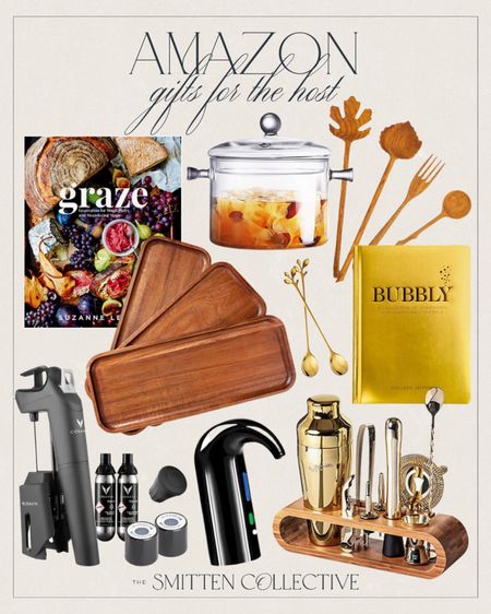 Gifts for the host includes electric wine aerator, wooden trays, long handled coffee spoons, wooden spoons, glass saucepan with cover, bartender kit, Wine Preservation System, Graze Cookbook, and Bubbly cocktail book.

Gift guide, gifts for the host, gifts for couples, gifts for friends

#LTKHoliday #LTKGiftGuide #LTKSeasonal