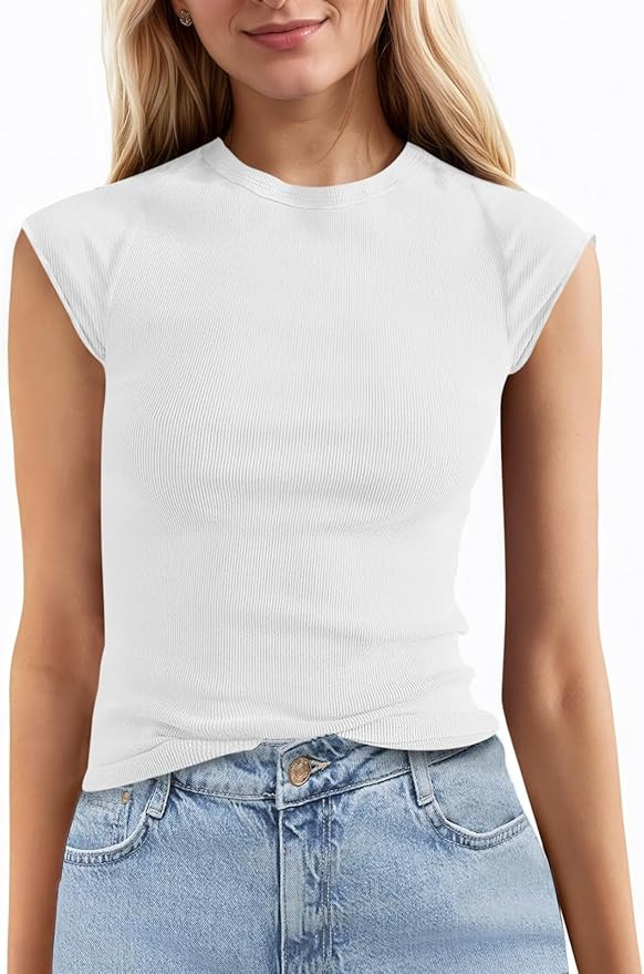 Tankaneo Womens Cap Sleeve Tops Crew Neck Ribbed Knit T Shirt Summer Casual Slim Fit Basic Tees T... | Amazon (US)