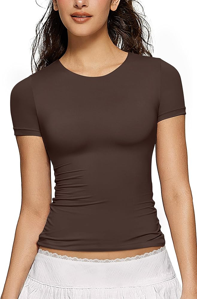 OEAK Womens Summer Short Sleeve Tops Crew Neck Double Lined T Shirts Basic Tees Slim Fit Shirts C... | Amazon (US)