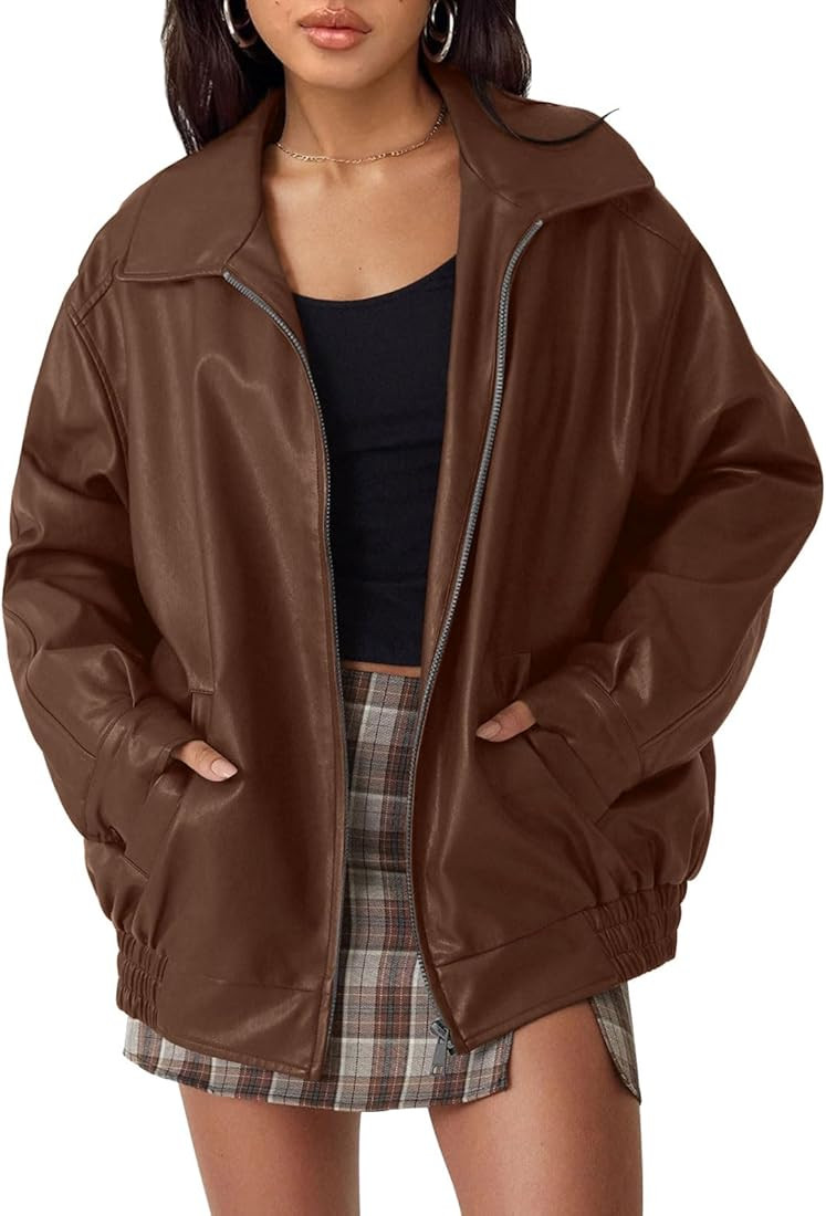 AUTOMET Women's Oversized Jackets, Leather Faux Motorcycle Plus Size Moto Biker Coat Fall Outfits Fa | Amazon (US)