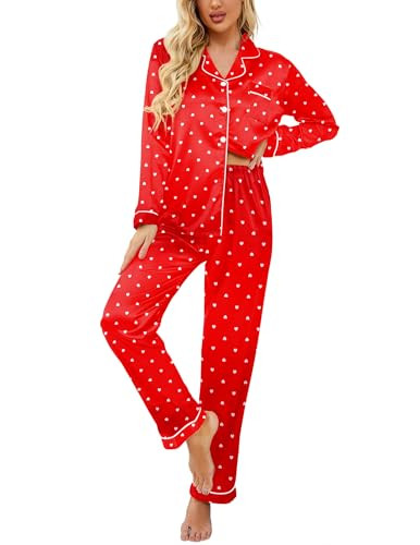 Ekouaer Women's Classic Button Down Long Satin Silk Pajama Set,Large,Red Heart | Amazon (US)