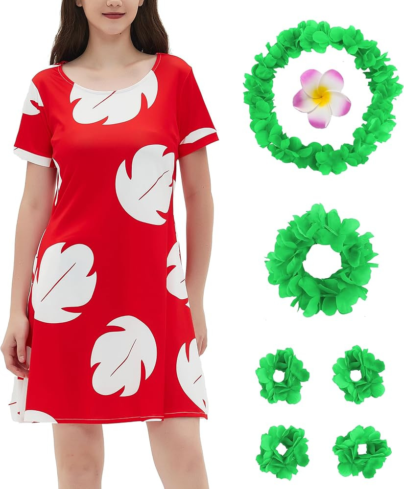 Women's Dress Costume With Pocket Hawaiian Red Dress Halloween Costume Cosplay Leaf Summer Dress | Amazon (US)