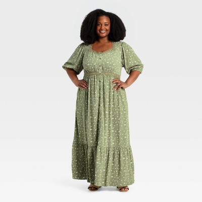 Women's Elbow Sleeve Button-Front Lace Trim Maxi Dress - Ava & Viv™ Green Floral XXL | Target