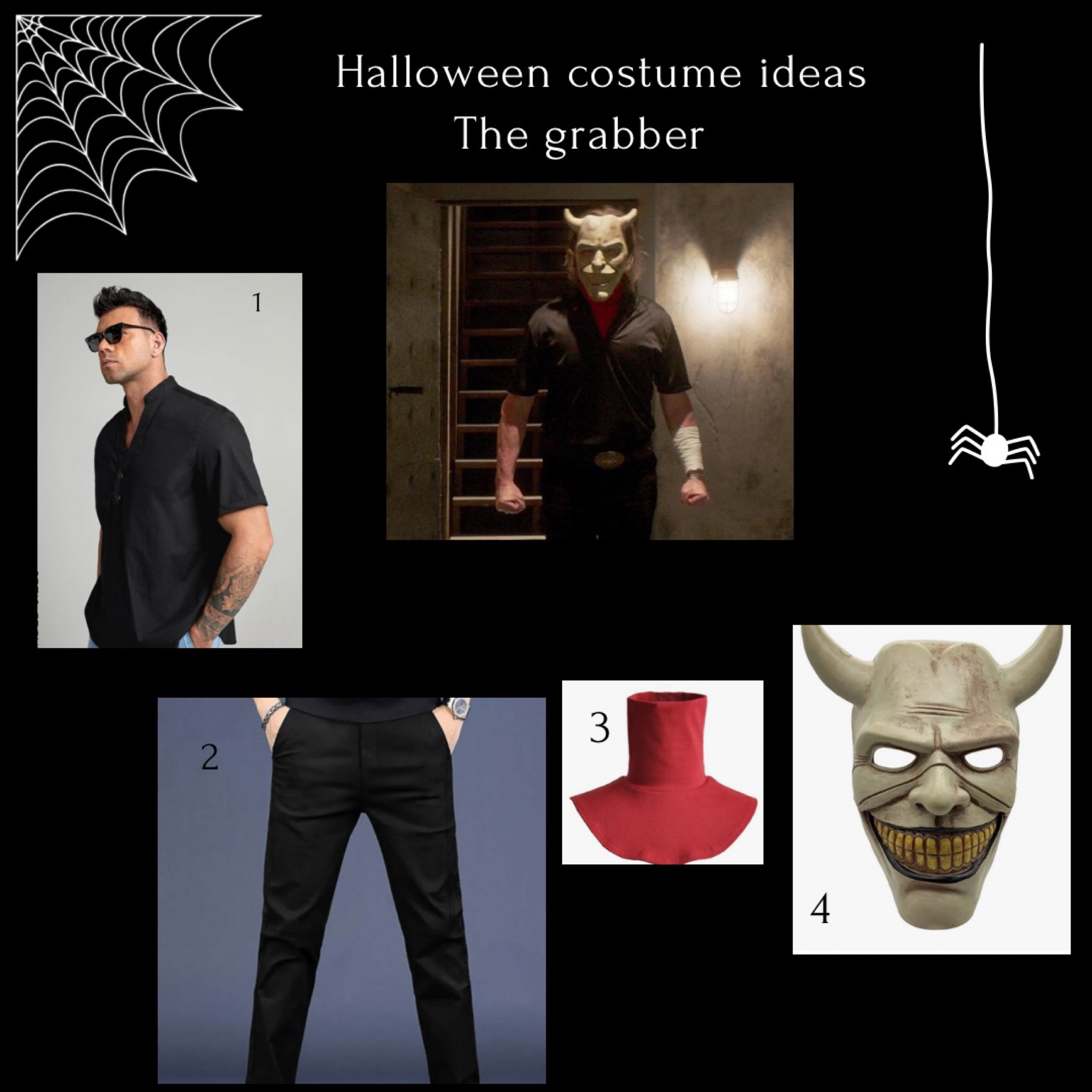 HALLOWEEN COSTUME IDEAS 
The grabber 
1. Black shirt - SHEIN 
2. Black pants - SHEIN 
3. Faux red turtleneck - Amazon 
4. Grabber mask - Amazon 

#LTKHalloween #LTKSeasonal