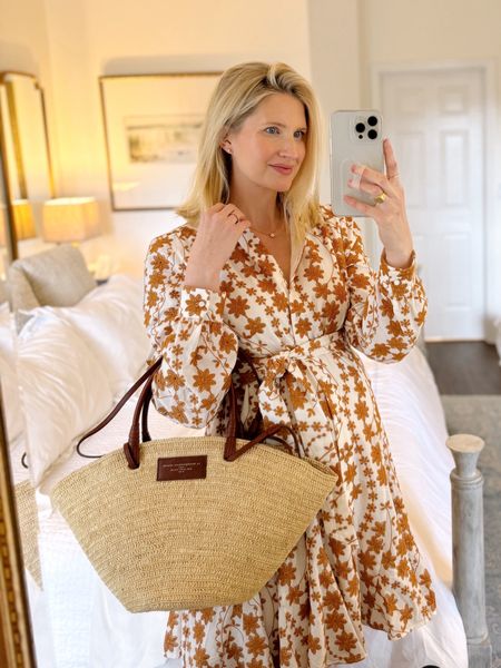 Camel and white embroidered daisy floral long sleeve short button down dress with detachable belt. Wearing a size 40/8  - sized up for the bump. Paired with straw and leather tote - all from Sezane 

#LTKbump #LTKSeasonal #LTKstyletip