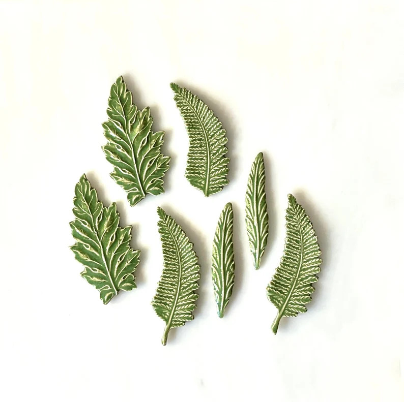 Ceramic Fern Leaf Tiles, 7pcs, Variegated Medium Green, Finely Detailed, Mosaic and Crafts, Magne... | Etsy (US)