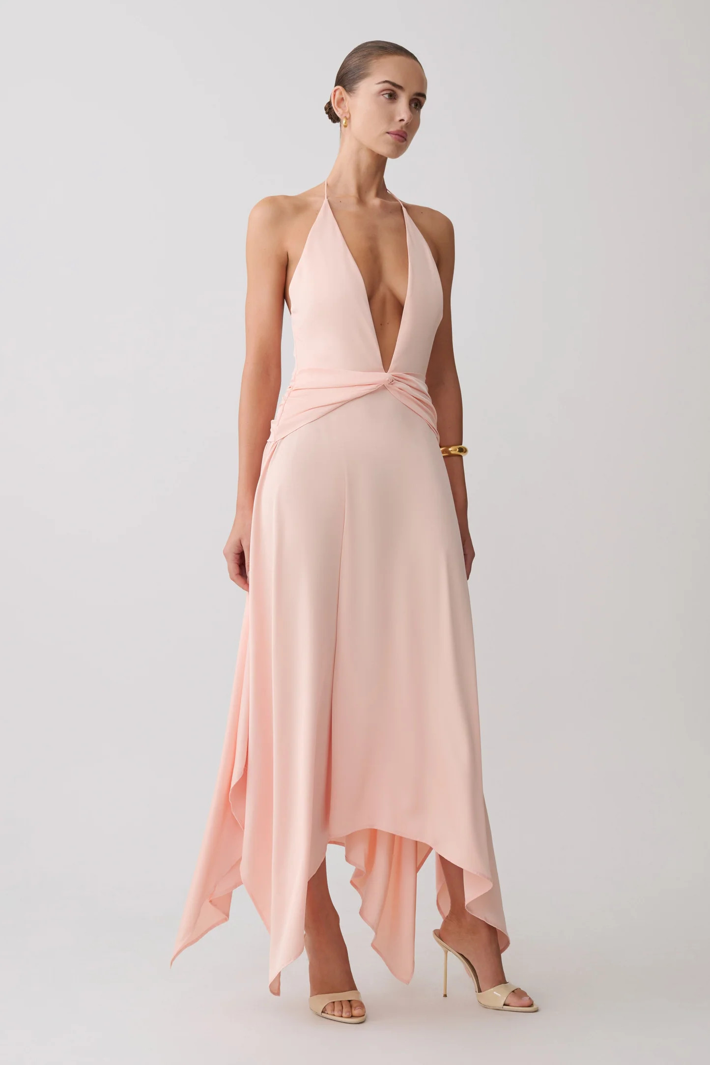 Cyra Plunge Satin Midi Dress - Peach | Meshki UK