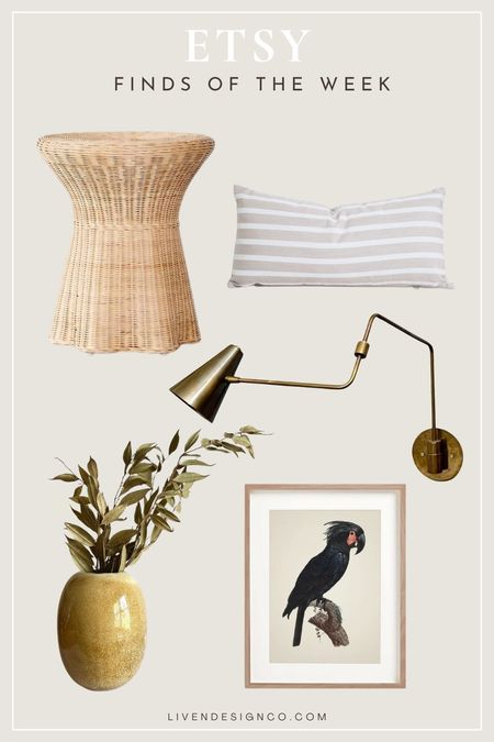Etsy finds of the week. Home decor. Wicker side accent table. Patio table. Outdoor decor. Indoor outdoor sunbrella pillow. Brass swing arm wall sconce. Yellow glazed vase. Home accents. Parrot bird art print. Wall art. Vintage bird art painting. 

#LTKSeasonal #LTKhome #LTKstyletip