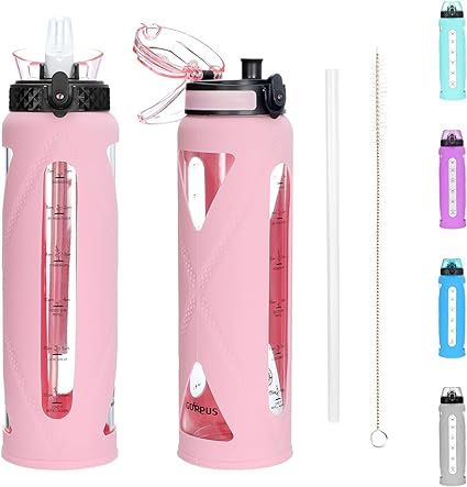 Glass Water Bottles with Straw and Flip Lid, Motivational Water Bottles with Time Marker Reminder... | Amazon (CA)