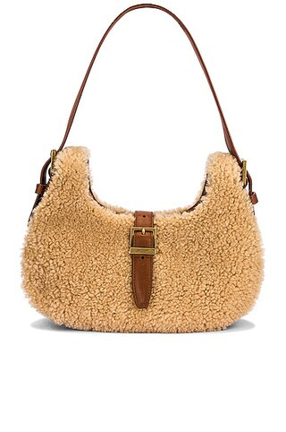 FWRD Renew Saint Laurent Fermoir Shearling Hobo Bag in Natural Beige & Brick | FWRD | FWRD 