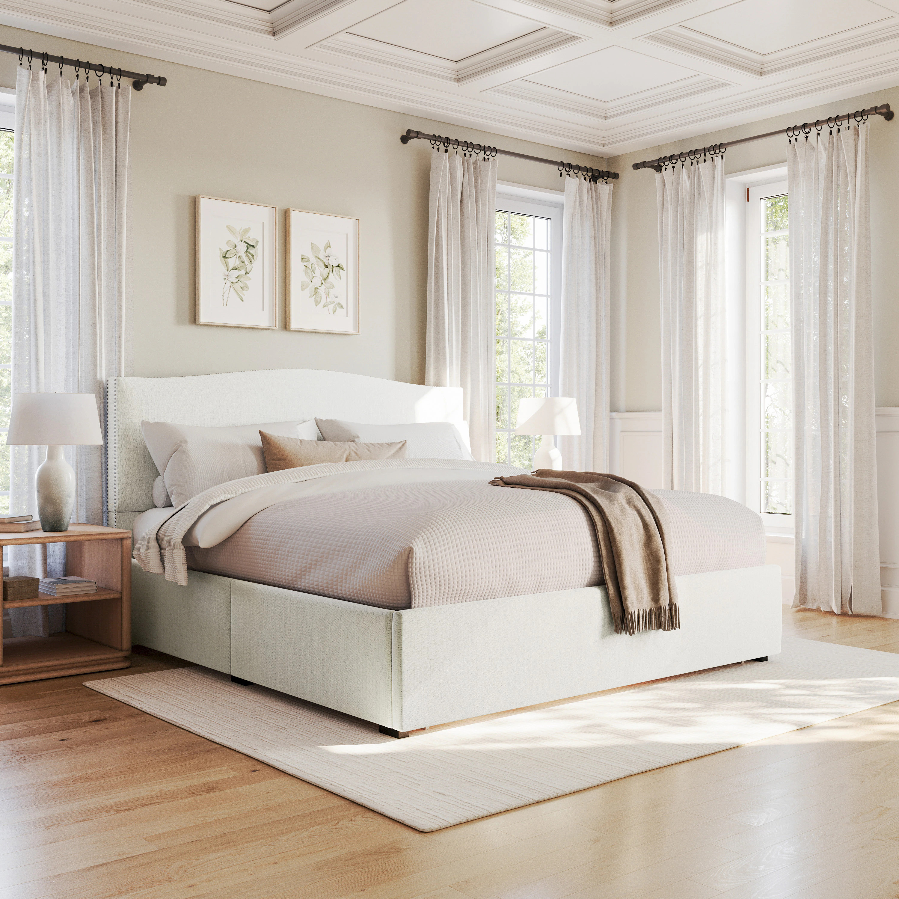 Martha Stewart Nyla King Upholstered Platform Bed with Curved Nailhead Headboard and Footboard Storage Drawer- Wood Slat Foundation- No Box Spring | Lowe's