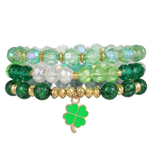 St. Patrick's Day Charm Bracelets Nature Stone Clover Beaded Stretch Bracelet Lucky Four-Leaf Shamrock String Bracelets Handmade Multilayer Green Lucky Bracelet for Women Irish Festive Jewelry Gifts-G | Amazon (US)