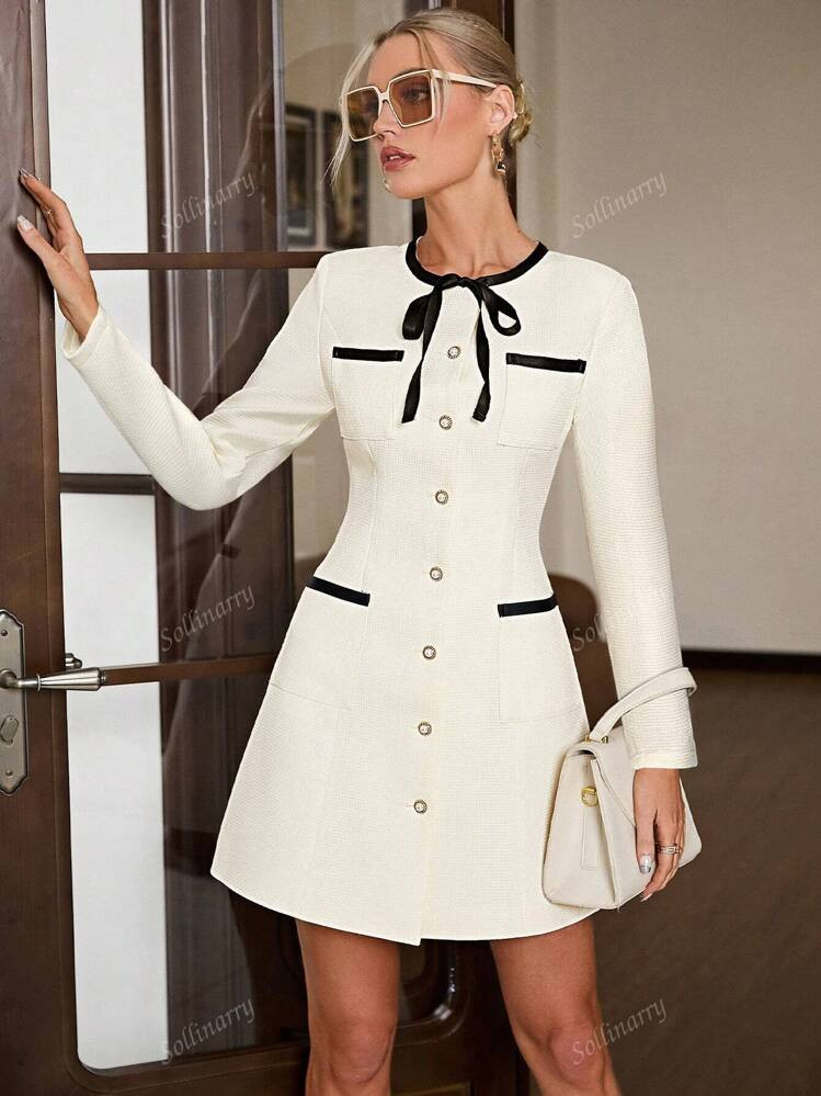 Sollinarry Women Urban Commute Colorblock Bow Decor A-Line Cinched Waist Long Sleeve Dress, Autum... | SHEIN