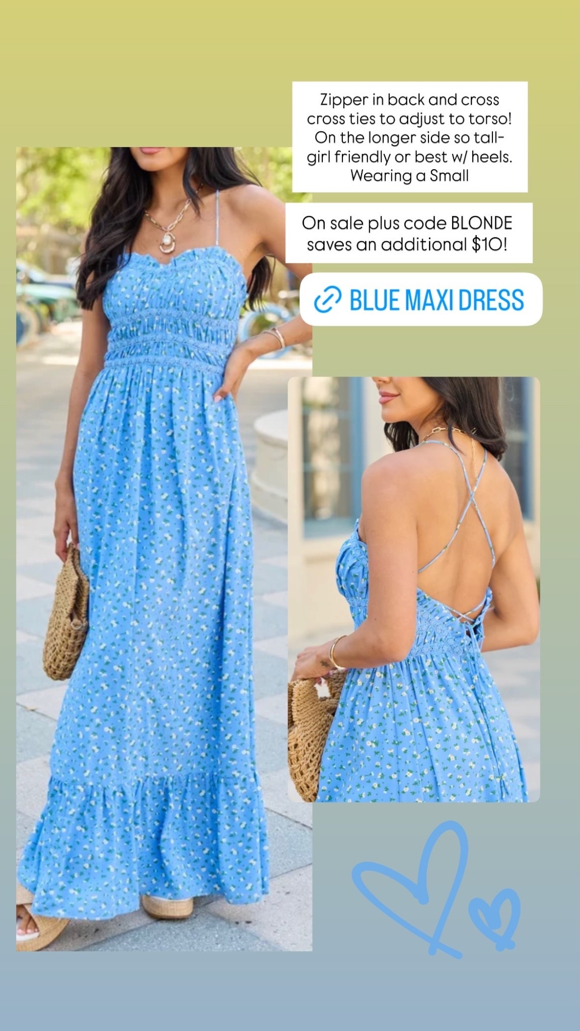 Zipper in back and cross cross ties to adjust to torso! On the longer side so tall-girl friendly or best w/ heels. Wearing a Small  On sale plus code BLONDE saves an additional $10!

#LTKootd #LTKSaleAlert #LTKSeasonal