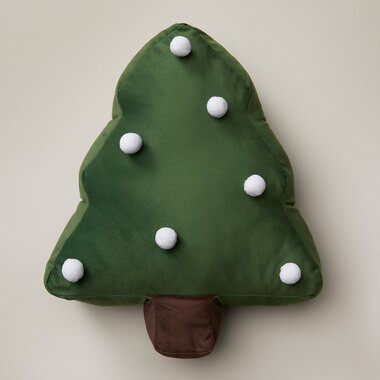HOLIDAY CUSHION, TREE WITH POMS | Indigo (CA)