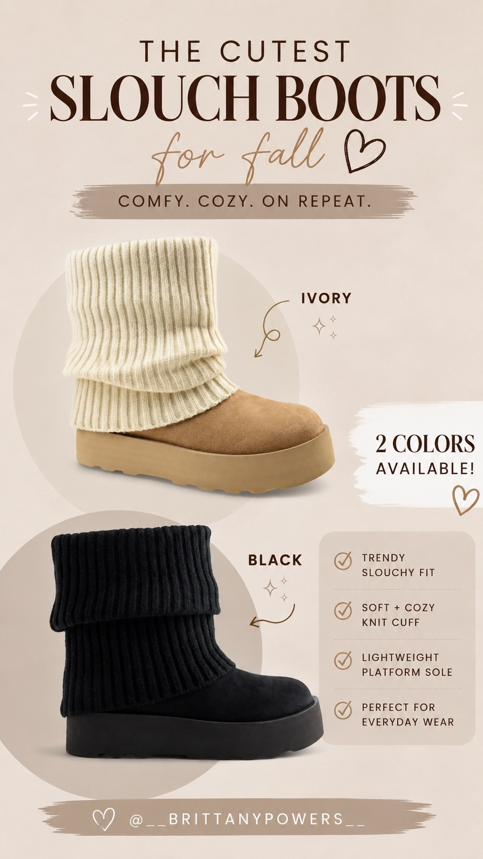 These boots are giving ALL the cozy fall vibes! 🤎🍂 I’m loving the slouchy knit cuff + platform sole combo — such a cute way to make your fall outfits feel a little more elevated while still keeping them comfy.

They come in 2 colors: Cognac + Black 🤍🖤 and I can already see these styled with jeans, leggings, dresses… basically everything!

#LTKmomlife #LTKSeasonal #LTKSaleAlert