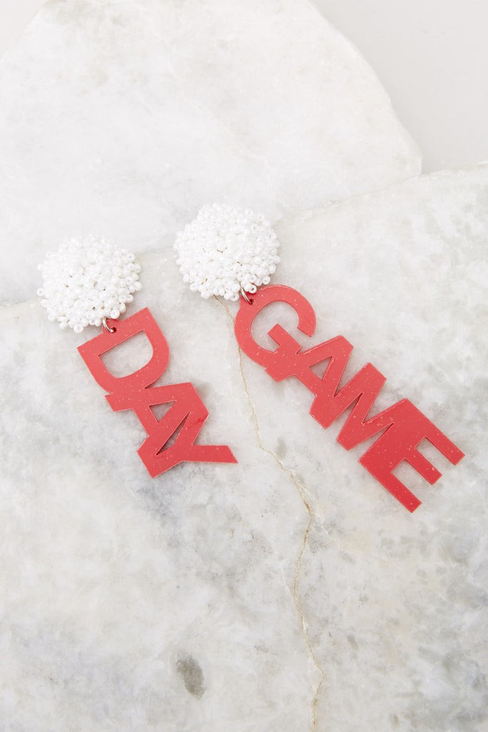 Game Day White And Red Beaded Earrings | Red Dress 