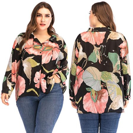 Xinhuaya Women s Plus Size Floral Tops Long Sleeves Shirts Tops | Walmart (US)