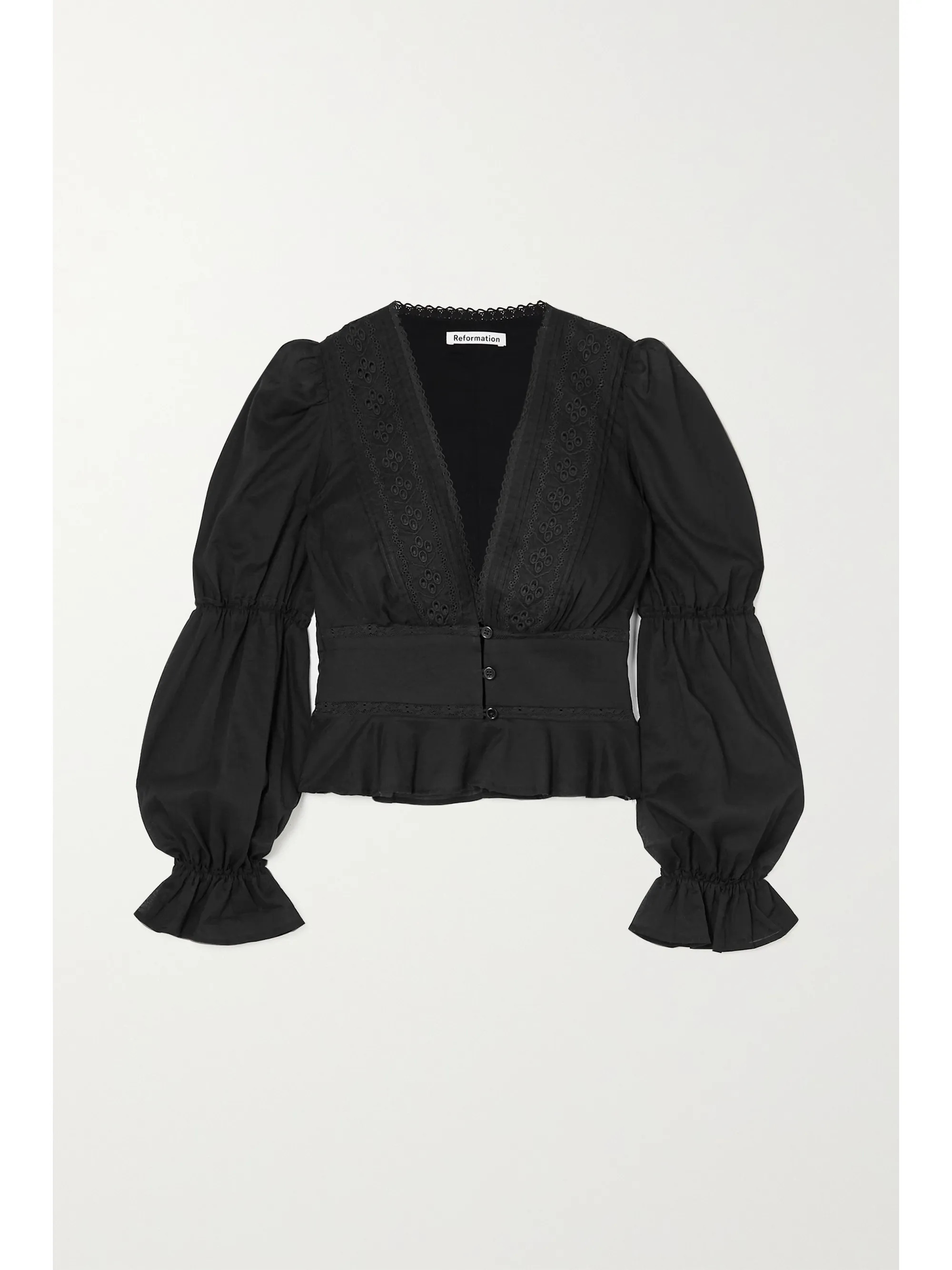 Black + NET SUSTAIN Meadowlark lace-trimmed broderie anglaise organic cotton-voile blouse | Refor... | NET-A-PORTER (US)
