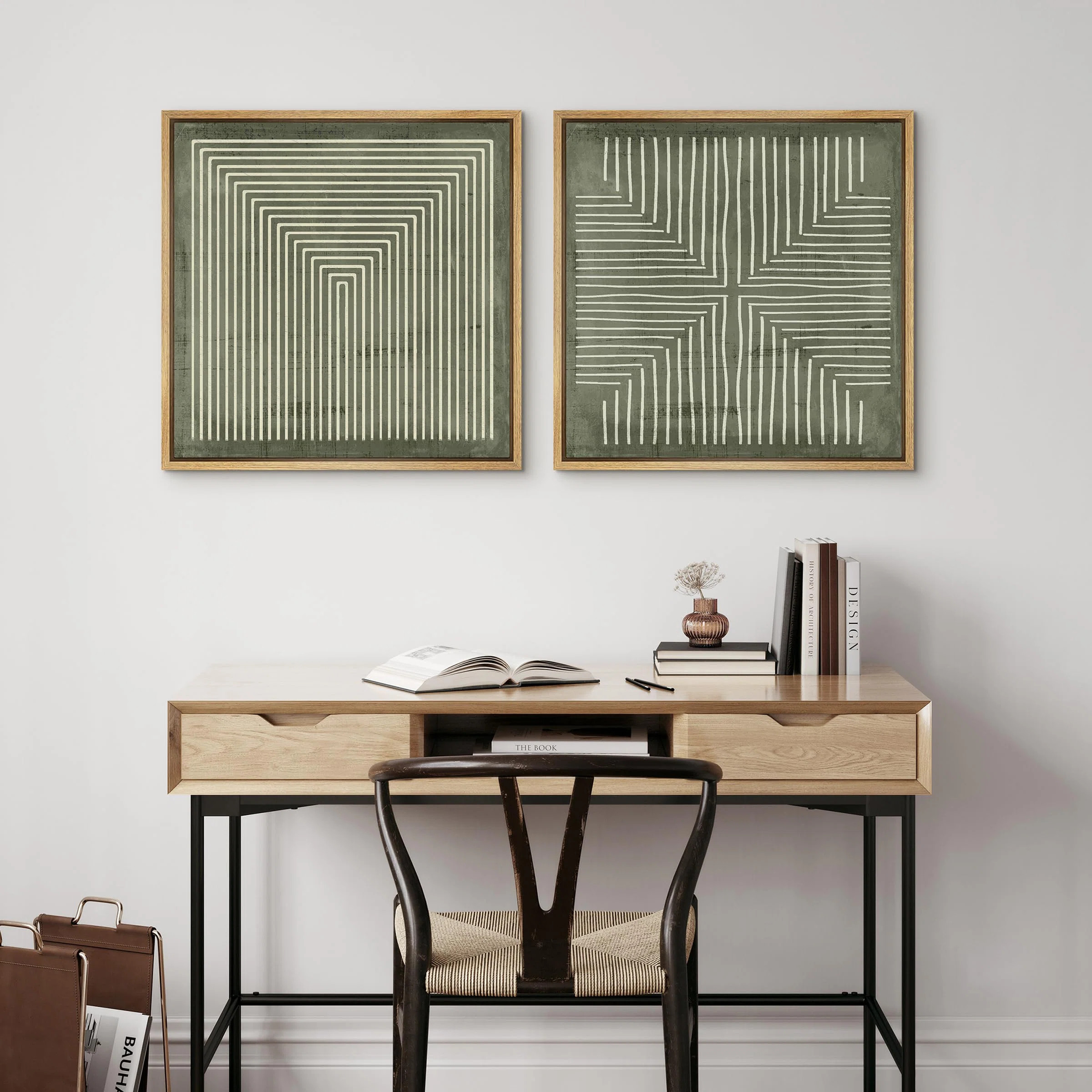 Geometric Abstract Line Minimalist - Framed Canvas Master Bedroom Wall Art Work 2 Pieces Print | Wayfair North America